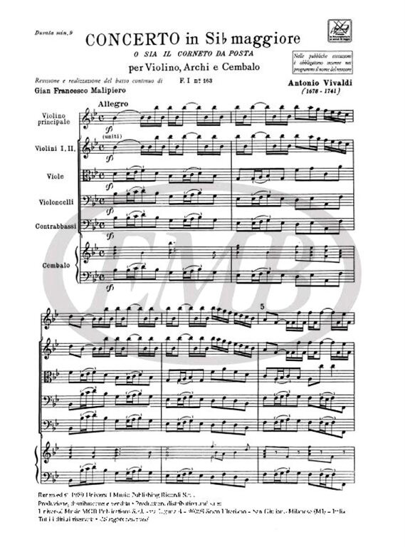 Vivaldi, Antonio: CONC. PER VL., ARCHI E B.C.: IN SI BEM. 'IL CORNETO DA POS TA' RV 363 - F.I/163 / Ricordi / 1984