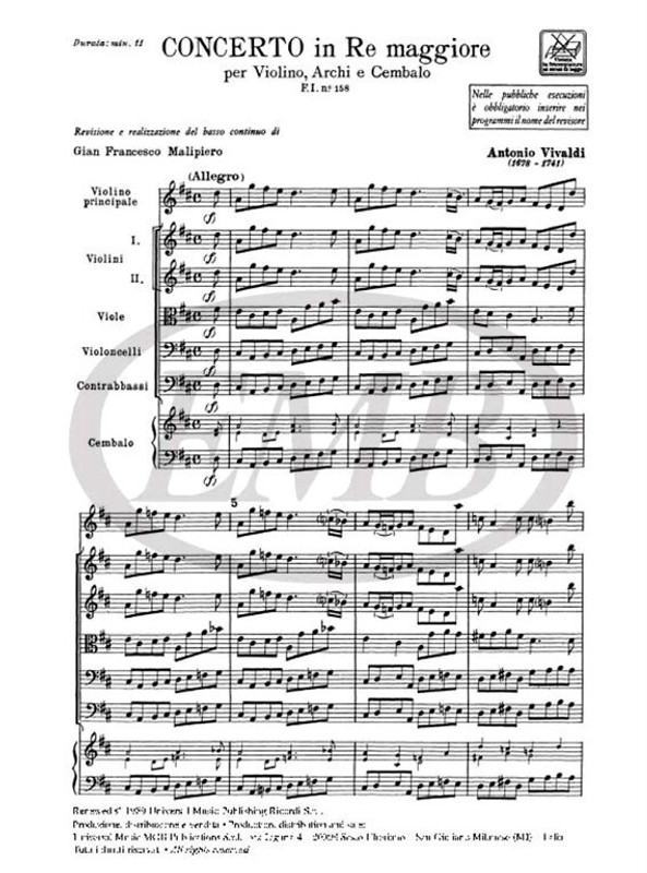 Vivaldi, Antonio: CONC. PER VL., ARCHI E B.C.: IN RE RV 224 - F.I/158 / Ricordi / 1984