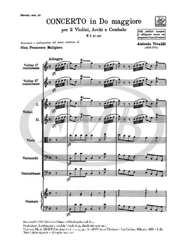 Vivaldi, Antonio: CONC. PER VL., ARCHI E B.C.: PER 2 VL. IN DO RV 506 - F.I/ / Ricordi / 1984