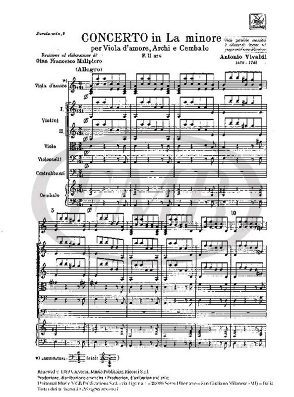 Vivaldi, Antonio: CONC. PER VLA D'AMORE, ARCHI E B.C.: IN LA MIN. RV 397 - F .II/6 / Ricordi / 1984