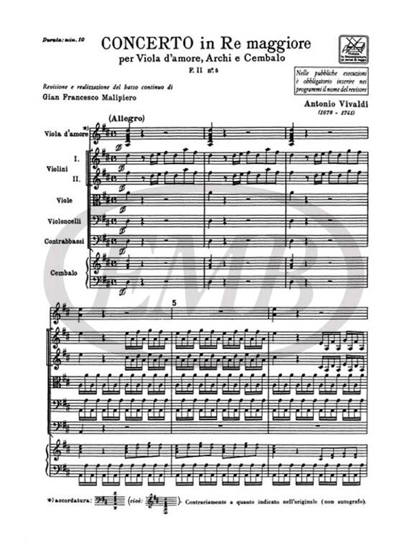 Vivaldi, Antonio: CONC. PER VLA D'AMORE, ARCHI E B.C.: IN RE RV 392 - F.II/5 / Ricordi / 1984