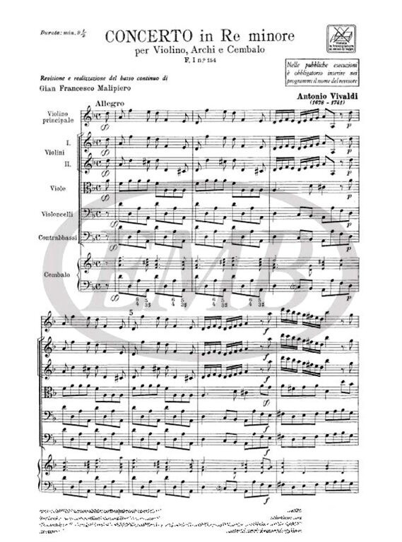 Vivaldi, Antonio: CONC. PER VL., ARCHI E B.C.: IN RE MIN. RV 241 - F.I/154 / Ricordi