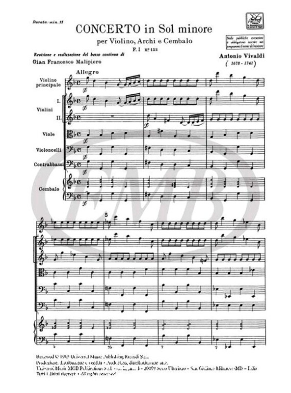 Vivaldi, Antonio: CONC. PER VL., ARCHI E B.C.: IN SOL MIN. RV 329 - F.I/152 / Ricordi / 1984