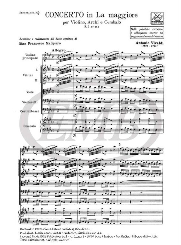 Vivaldi, Antonio: CONC. PER VL., ARCHI E B.C.: IN LA RV 341 - F.I/148 / Ricordi / 1984