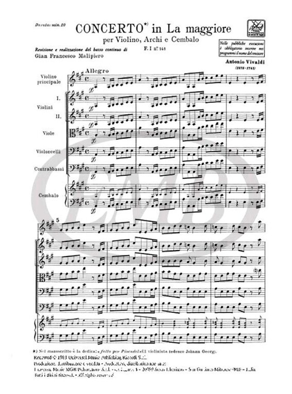 Vivaldi, Antonio: CONC. PER VL., ARCHI E B.C.: IN LA RV 340 - F.I/141 / Ricordi / 1984