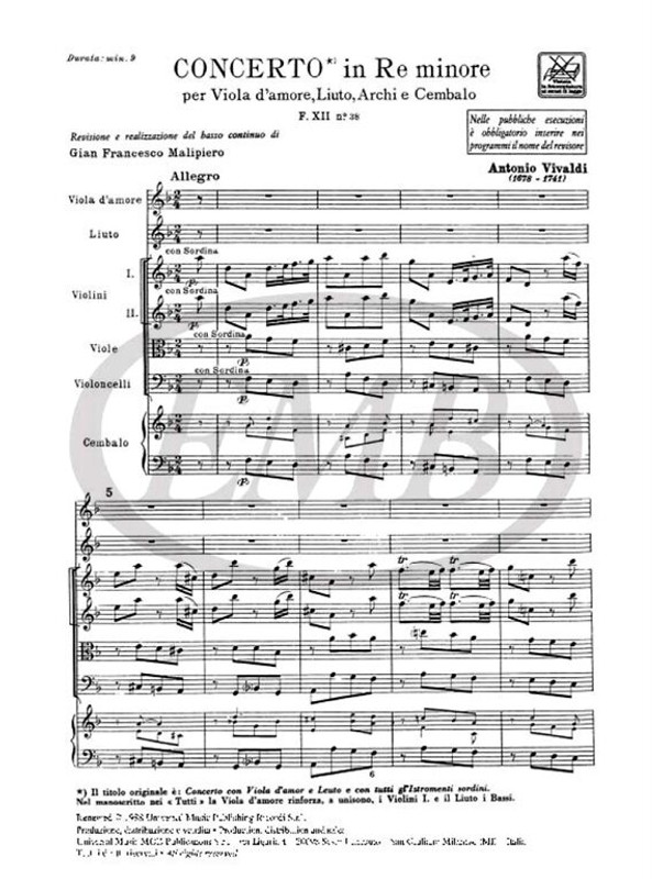 Vivaldi, Antonio: CONC. PER STRUM. DIVERSI, ARCHI E B.C.: IN RE MIN. PER VLA / D'AMORE E LIUTO RV 540 - F.XII/38 / Ricordi / 1984
