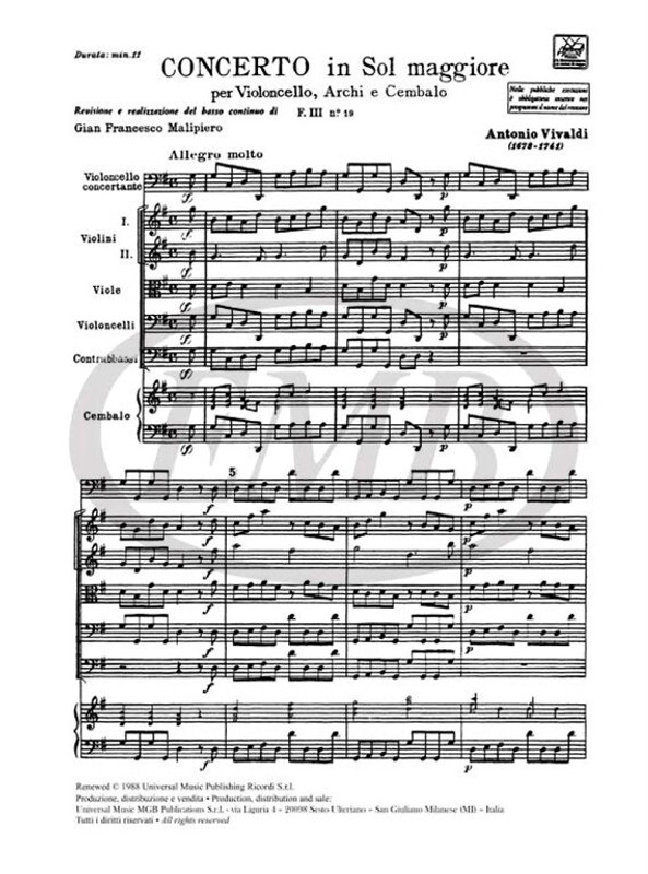 Vivaldi, Antonio: CONC. PER VC., ARCHI E B.C.: IN SOL RV 414 - F.III/19 / Ricordi / 1984