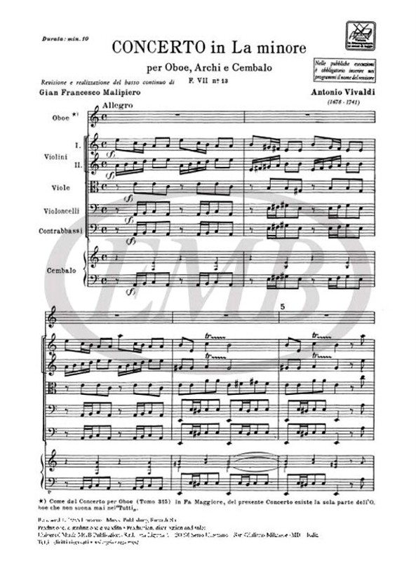 Vivaldi, Antonio: CONC. PER OBOE, ARCHI E B.C.: IN LA MIN. RV 463 - F.VII/13 / Ricordi / 1984