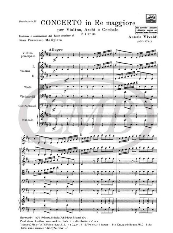 Vivaldi, Antonio: CONC. PER VL., ARCHI E B.C.: IN RE 'GROSSO MOGUL' RV 208 - F.I/138 / score / Ricordi