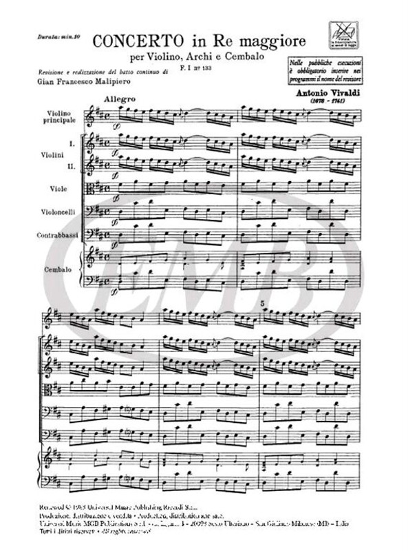 Vivaldi, Antonio: CONC. PER VL., ARCHI E B.C.: IN RE RV 233 - F.I/133 / Ricordi / 1984