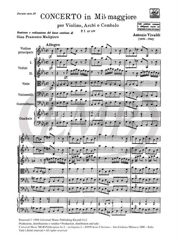 Vivaldi, Antonio: CONC. PER VL., ARCHI E B.C.: IN MI BEM. RV 261 - F.I/131 / Ricordi / 1984
