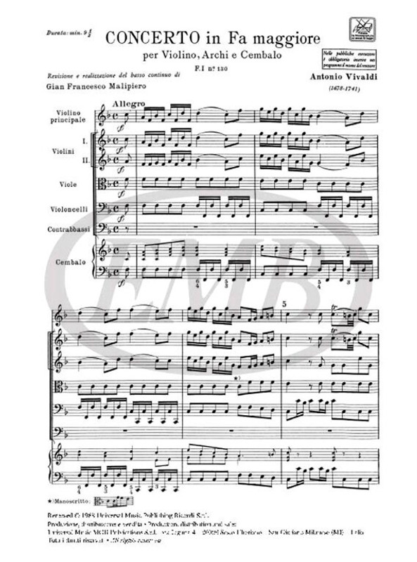 Vivaldi, Antonio: CONC. PER VL., ARCHI E B.C.: IN FA RV 295 - F.I/130 / Ricordi / 1984