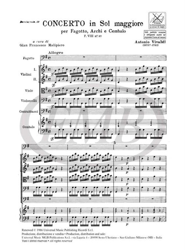 Vivaldi, Antonio: CONC. PER FG., ARCHI E B.C.: IN SOL RV 494 - F.VIII/37 / Ricordi / 1984