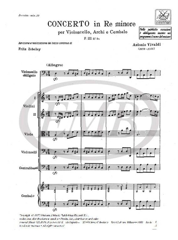 Vivaldi, Antonio: CONC. PER VC., ARCHI E B.C.: IN RE MIN. RV 405 - F.III/24 / Ricordi / 1973