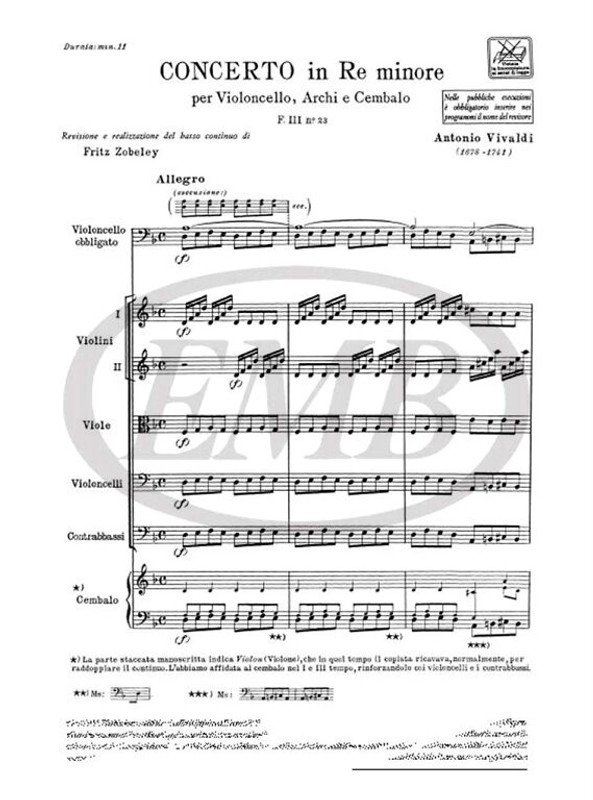 Vivaldi, Antonio: CONC. PER VC., ARCHI E B.C.: IN RE MIN. RV 407 - F.III/23 / Ricordi / 1973
