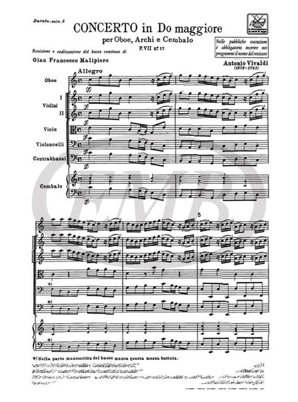 Vivaldi, Antonio: CONC. PER OBOE, ARCHI E B.C.: IN DO RV 452 - F.VII/17 / Ricordi / 1971