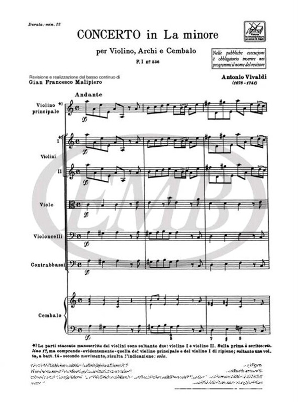Vivaldi, Antonio: CONC. PER VL., ARCHI E B.C.: IN LA MIN. RV 355 - F.I/236 / Ricordi / 1971