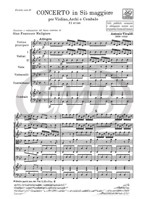 Vivaldi, Antonio: CONC. PER VL., ARCHI E B.C.: IN SI BEM. RV 381 - F.I/235 / Ricordi / 1971