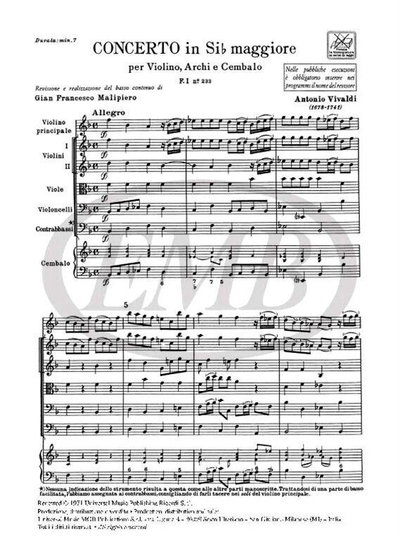 Vivaldi, Antonio: CONC. PER VL., ARCHI E B.C.: IN SI BEM. RV 382 - F.I/233 / Ricordi / 1971