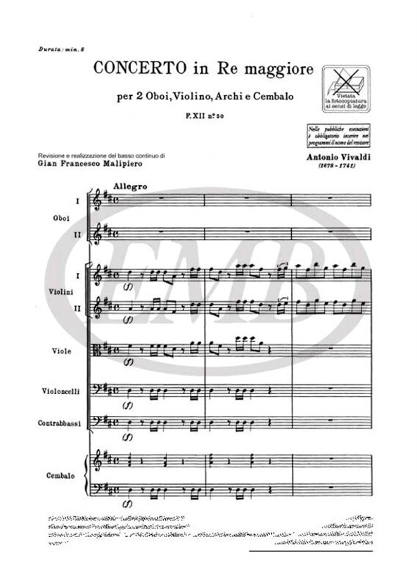Vivaldi, Antonio: CONC. PER STRUM. DIVERSI, ARCHI E B.C.: IN RE PER 2 OB. E VL. RV 563 - F.XII/50 / Ricordi / 1971