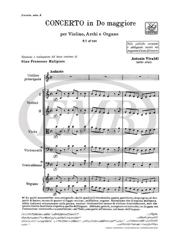 Vivaldi, Antonio: CONC. PER VL., ARCHI E B.C.: IN DO RV 175 - F.I/232 / Ricordi / 1971