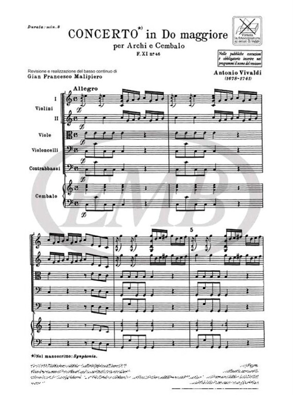 Vivaldi, Antonio: SINF. PER ARCHI E B.C.: IN DO RV 116 - F.XI/46 / Ricordi