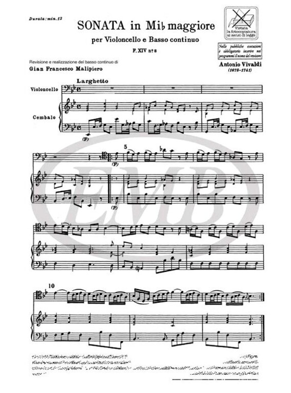 Vivaldi, Antonio: SON. PER VC. E B.C.: IN MI BEM. RV 39 - F.XIV/8 / Ricordi / 1971
