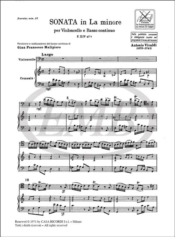 Vivaldi, Antonio: SON. PER VC. E B.C.: IN LA MIN. RV 44 - F.XIV/7 / Ricordi / 1971