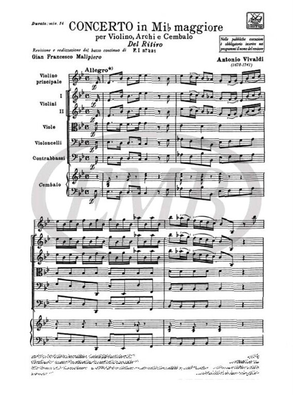 Vivaldi, Antonio: CONC. PER VL., ARCHI E B.C.: IN MI BEM. 'DEL RITIRO' RV 25 6 - F.I/231 / Ricordi / 1971