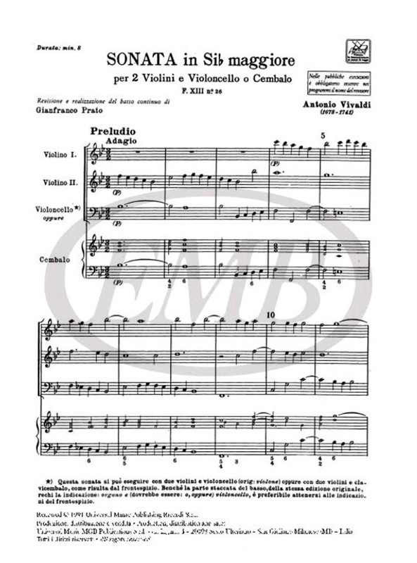 Vivaldi, Antonio: SON. PER VL. E B.C.: PER 2 VL. IN SI BEM. OP.I N.10 - RV 7 8 - F.XIII/26  / Ricordi / 1984