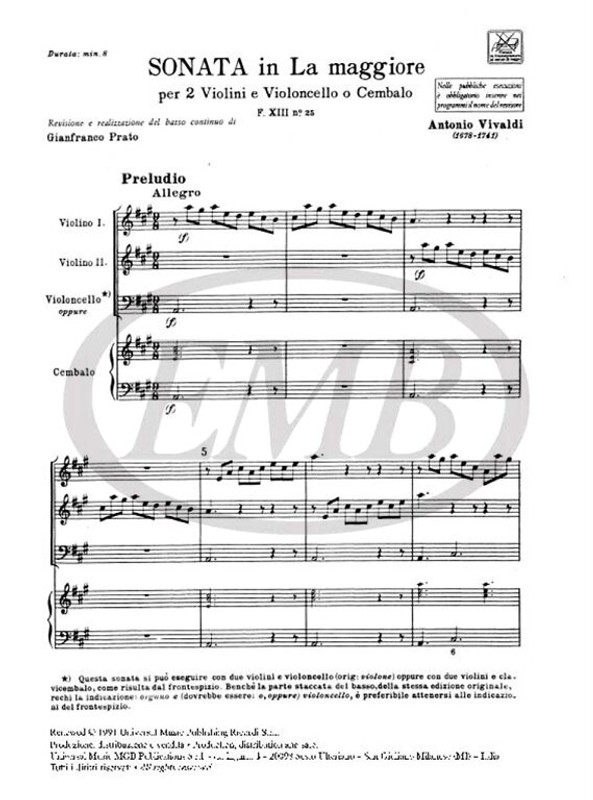 Vivaldi, Antonio: SON. PER VL. E B.C.: PER 2 VL. IN LA OP.I N.9 - RV 75 - F. XIII/25 / Ricordi / 1984