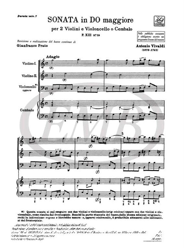 Vivaldi, Antonio: SON. PER VL. E B.C.: PER 2 VL. IN DO OP.I N.3 - RV 61 - F. XIII/19 / Ricordi / 1984