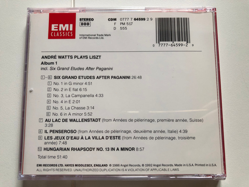 Andre Watts plays Liszt - Album 1 / Six Grand Etudes After Paganini; Au lac de Wallenstadt; Il Penseroso; Les Jeux d'eau a la Villa d'Este; Hungarian Rhapsody No. 13 / EMI Classics Audio CD 1992 Stereo / CDM 0777 7 64599 2 9