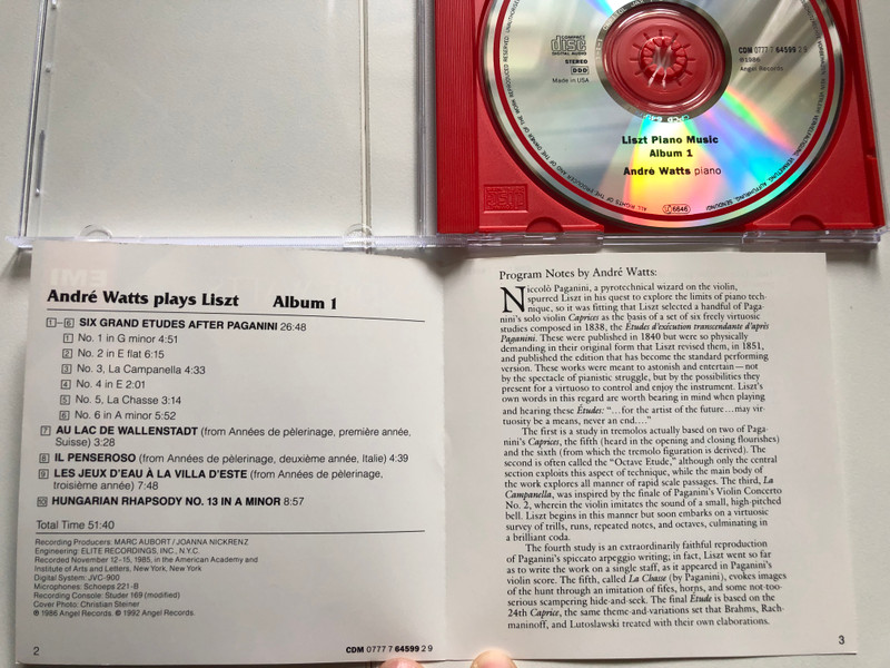 Andre Watts plays Liszt - Album 1 / Six Grand Etudes After Paganini; Au lac de Wallenstadt; Il Penseroso; Les Jeux d'eau a la Villa d'Este; Hungarian Rhapsody No. 13 / EMI Classics Audio CD 1992 Stereo / CDM 0777 7 64599 2 9