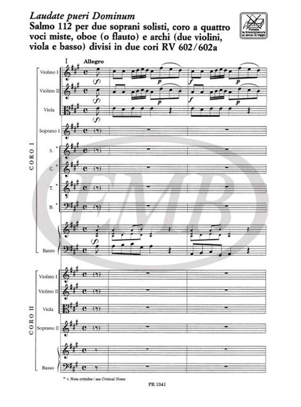Vivaldi, Antonio: LAUDATE PUERI DOMINUM. SALMO 112 PER 2 S., CORO A 4 VOCI M ISTE, OB. (O FL.) E ARCHI DIVISI IN 2 CORI RV 602/602A / Ricordi / 1995