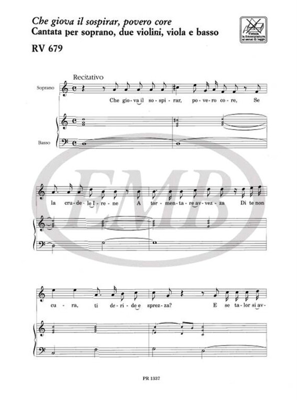 Vivaldi, Antonio: CHE GIOVA IL SOSPIRAR, POVERO CORE. CANTATA PER S., 2 VL., VLA E B. RV 679 / Ricordi / 1995