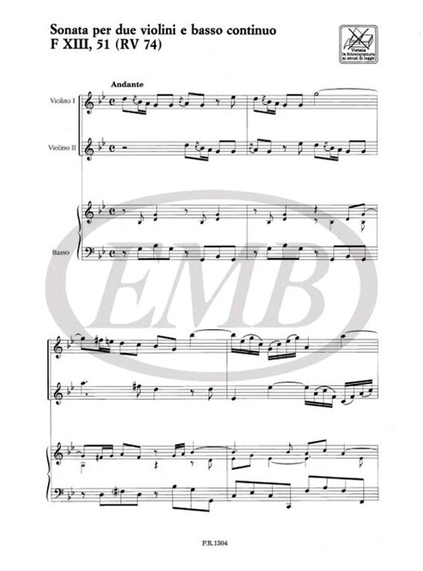 Vivaldi, Antonio: SON. PER VL. E B.C.: PER 2 VL. IN SOL MIN. RV 74 - F.XIII/ / Ricordi / 1991