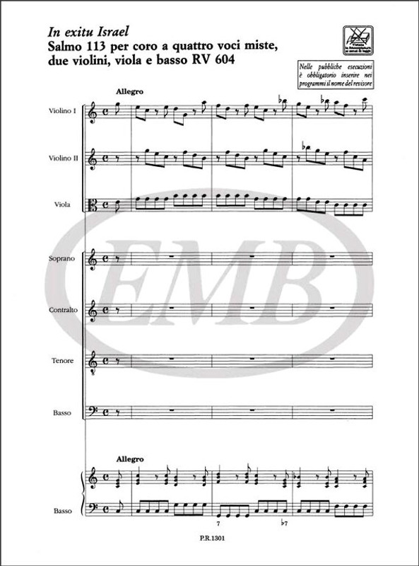 Vivaldi, Antonio: IN EXITU ISRAEL. SALMO 113 PER CORO A 4 VOCI MISTE, 2 VL., VLA E B. RV 604 / Ricordi