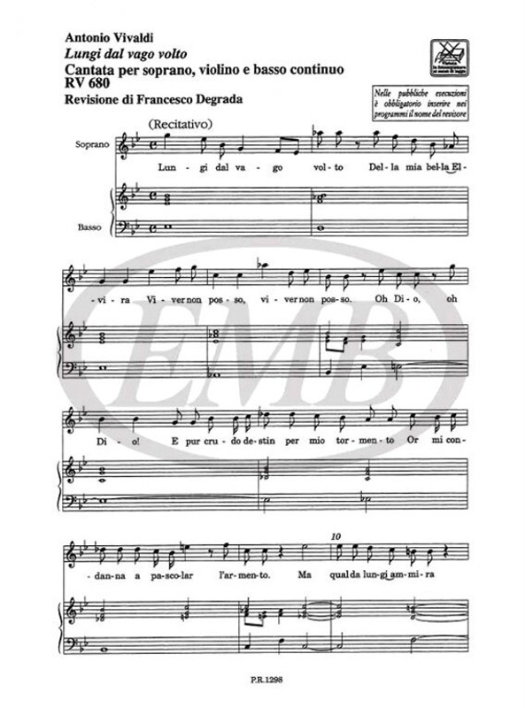 Vivaldi, Antonio: LUNGI DAL VAGO VOLTO. CANTATA PER S., VL. E B.C. RV 680 / Ricordi
