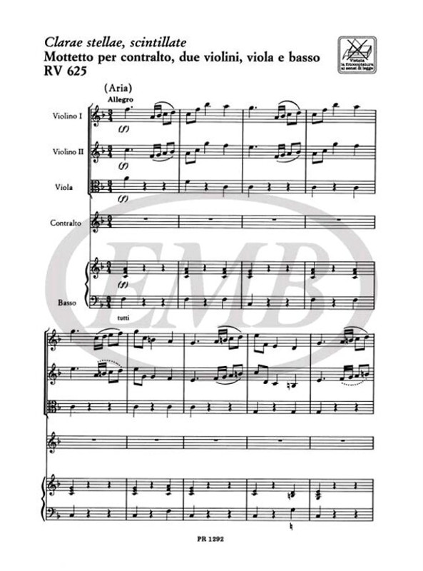 Vivaldi, Antonio: CLARAE STELLAE, SCINTILLATE. MOTTETTO PER C., 2 VL., VLA E B. RV 625 / Ricordi / 1989