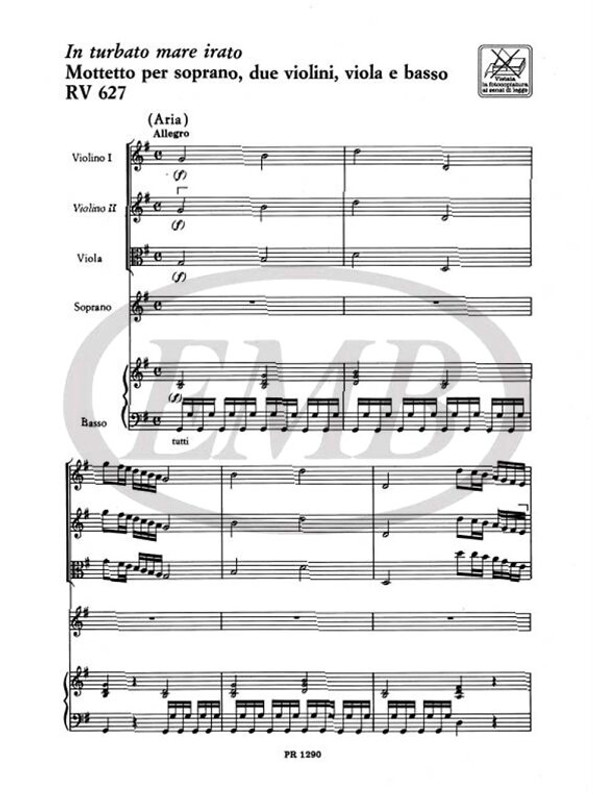 Vivaldi, Antonio: IN TURBATO MARE IRATO. MOTTETTO PER S., 2 VL., VLA E B. RV / Ricordi / 1989