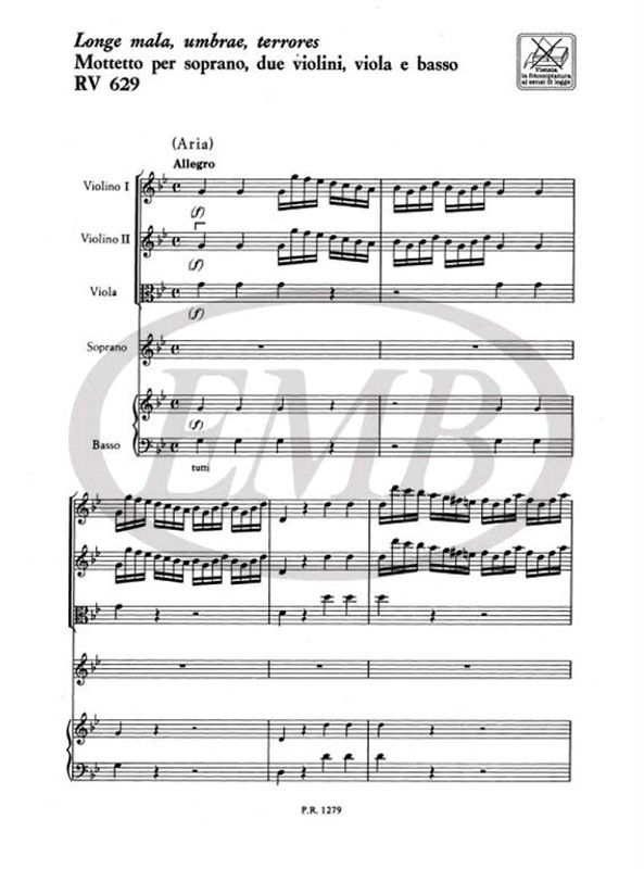 Vivaldi, Antonio: LONGE MALA, UMBRAE, TERRORES. MOTTETTO PER S., 2 VL., VLA E B. RV 629 / Ricordi / 1987
