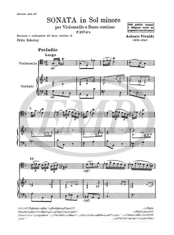 Vivaldi, Antonio: SON. PER VC. E B.C.: IN SOL MIN. RV 42 - F.XIV/9 / Ricordi / 1973 