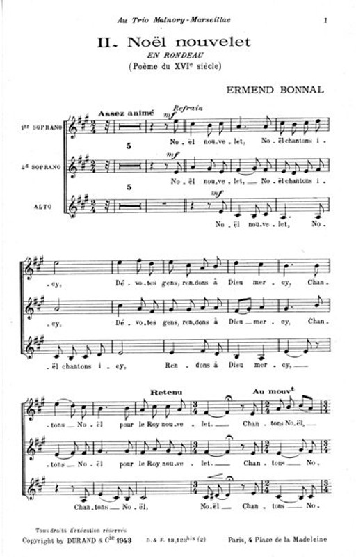 Bonnal, Joseph Ermend: Noël nouvellet extrait no. 2 de 'Trois Noëls' / pour soprano solo, chour de femmes (ou chour mixte) & piano / vocal/choral score / Durand