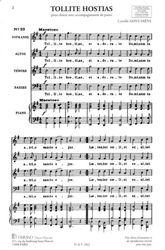 Saint-Saëns, Camille: Tollite hostias. Chour final de l' 'Oratorio de Noël' / pour soli, chours, harpe, orgue & orchestre a cordes / Durand