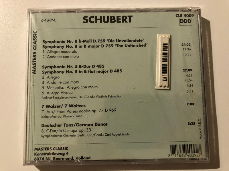 Schubert - The Unfinished - Symphony No. 5 and 8; Valses nobles; German Dance / Berliner Festspielorchester, Cond.: Vladimir Petroschoff, Symphonisches Orchester Berlin / Masters Classic Audio CD / CLS 4009