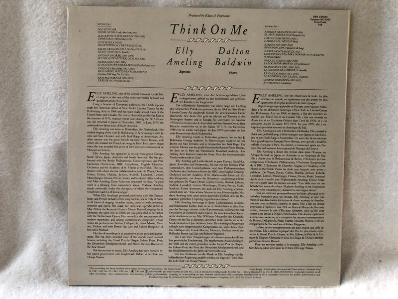 Elly Ameling, Dalton Baldwin – Think On Me (Personal Favourites = Mélodies Préférées = Ihre Lieblingslieder) / CBS Masterworks – 76 989 / 1981 LP VINYL SBR 236042