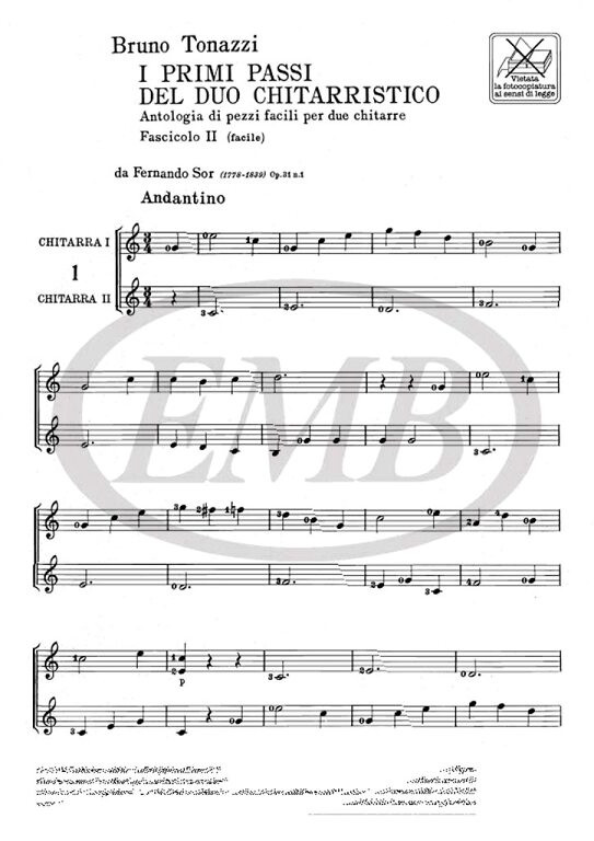 Tonazzi, Bruno: PRIMI PASSI DEL DUO CHITARRISTICO ANTOLOGIA DI PEZZI FACIL / I PER 2 CHITARRE FASC. 2 (FACILE) / Ricordi Americana / 1974