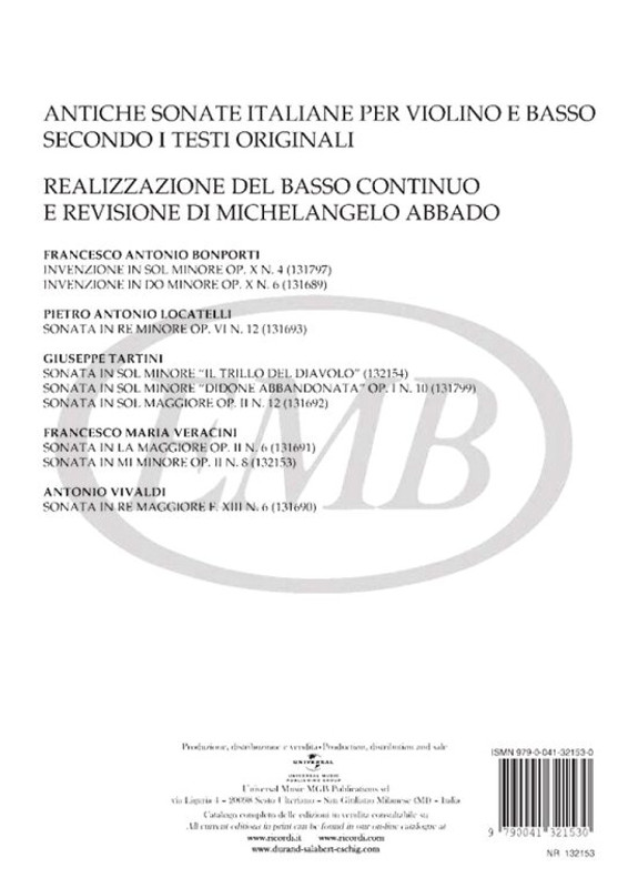 Vittadini, Franco, Veracini, Francesco Maria: SON. PER VL. E BASSO OP.II: N.8 IN MI MIN. / Ricordi Americana / 1974