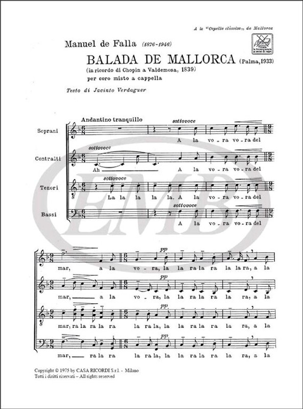 Falla, Manuel de: BALADA DE MALLORCA PER CORO MISTO A CAPPELLA / Ricordi Americana / 1975
